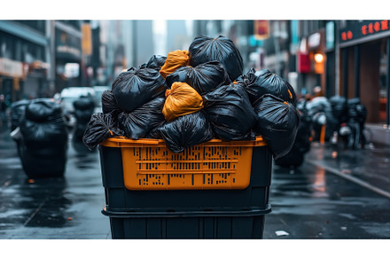 Plastic trash bags overflowing from, an Architecture Photo by Sergey Kotenev