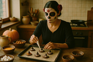 woman decorating halloween cookies, generative AI, a Photo by Nito