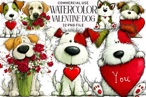 Watercolor Valentine Dog Clipart, an Illustration by Daily.Designs