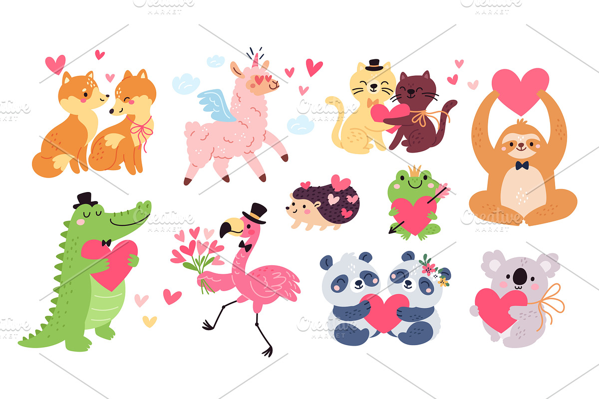 Cute animals with hearts. Valentines, an Animal Illustration by YummyBuum