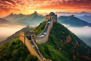 Great Wall of China at sunrise, pano, a Photo by Iftikhar Alam