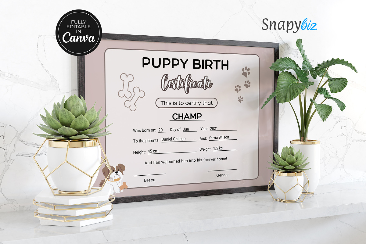 Editable Puppy Birth Certificate, a Print Template by Snapybiz (Photo 8 of 11)