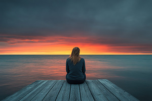Young person seated on dock, gazing at vibrant sunset over tranquil water, a Photo by AlyaAnd