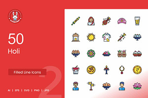 50 Holi Filled Line Icons, an Icon by IconBunny