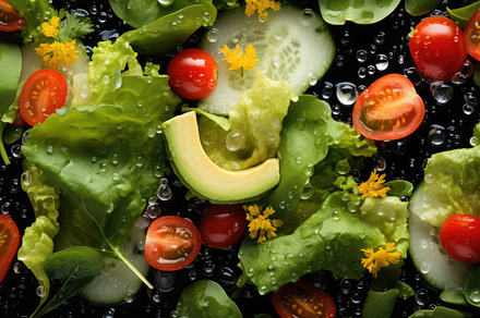 Fresh vegetable salad with citrus, cherry tomatoes, and lettuce, a Photo by Dvoevnore photos