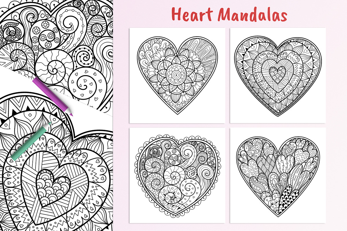 Heart Mandalas Coloring Pages, a Decorative Illustration by Gulnara Sabirova (Photo 2 of 18)