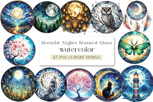 Moonlit Nights Stained Glass Clipart, a Seasonal Illustration by DreamArtGraphic