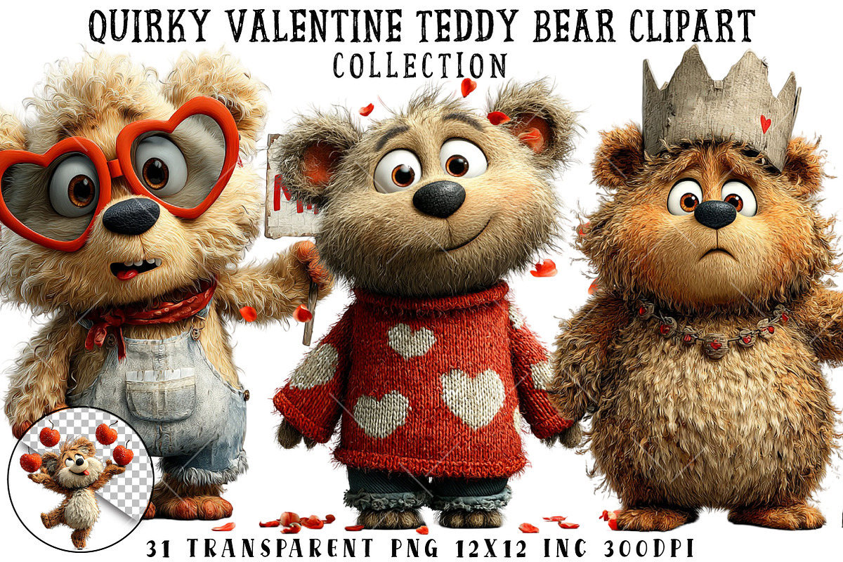 Quirky Valentine Teddy Bear Clipart, an Illustration by OK Design (Photo 1 of 6)