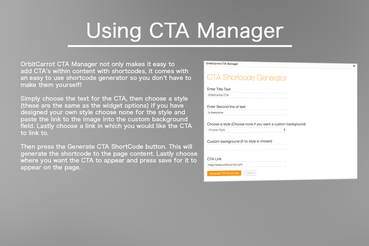 CTA Manager - WordPress Plugin, a WordPress Template by OrbitCarrot Marketing (Photo 4 of 4)
