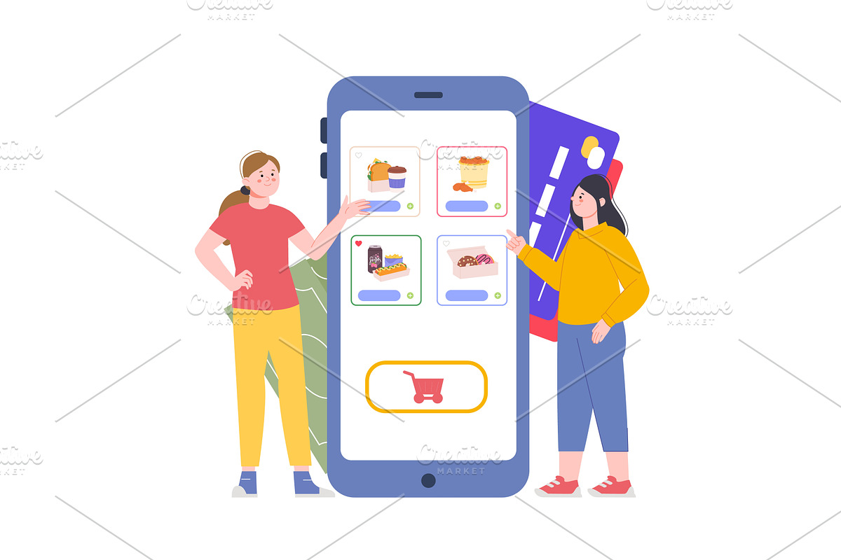 Young girls order fast food online, a Technology Illustration by LadadikArt