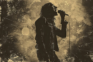 Grunge sepia illustration of rock singer with microphone in musi, an Illustration by AS photostudio