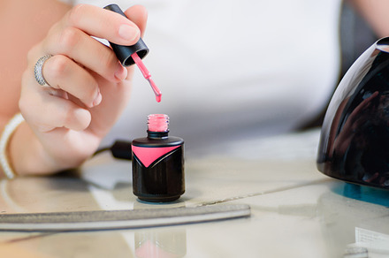 Pink gel nails polish containing nail, manicure, and female