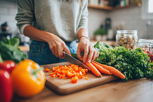 Chopping fresh vegetables in a bright kitchen, a Food & Drink Photo by AlyaAnd