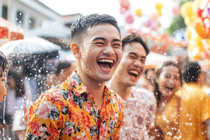 People enjoying water splashes during Songkran festival celebrat, a Photo by Dvoevnore photos