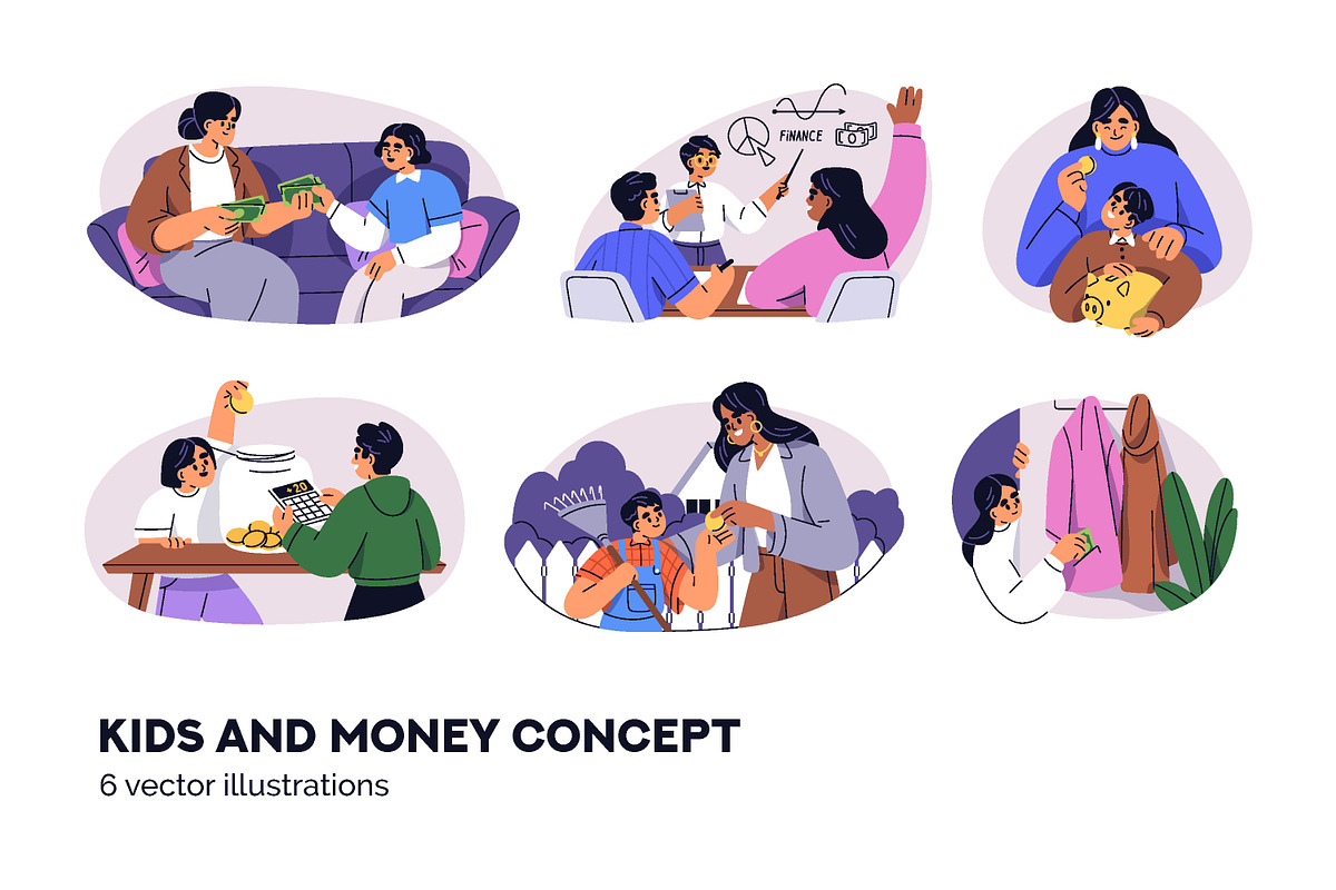 Kids and money concepts set, a Person Illustration by Good Studio (Photo 1 of 3)