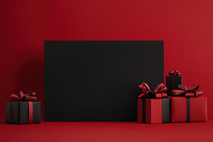 Red background with wrapped gifts re, a Photo by Tanuart