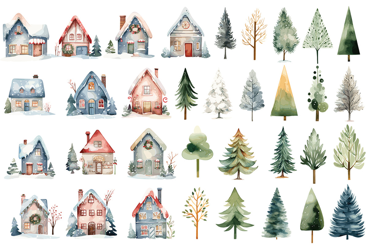 Watercolor Christmas Houses, an Object Illustration by Evgeniia (Photo 3 of 5)