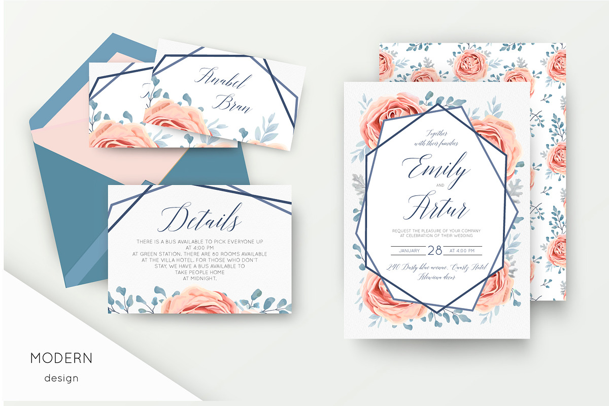 Wedding suite - Dusty blue & rosy, an Invitation Template by Alewiena (Photo 5 of 5)