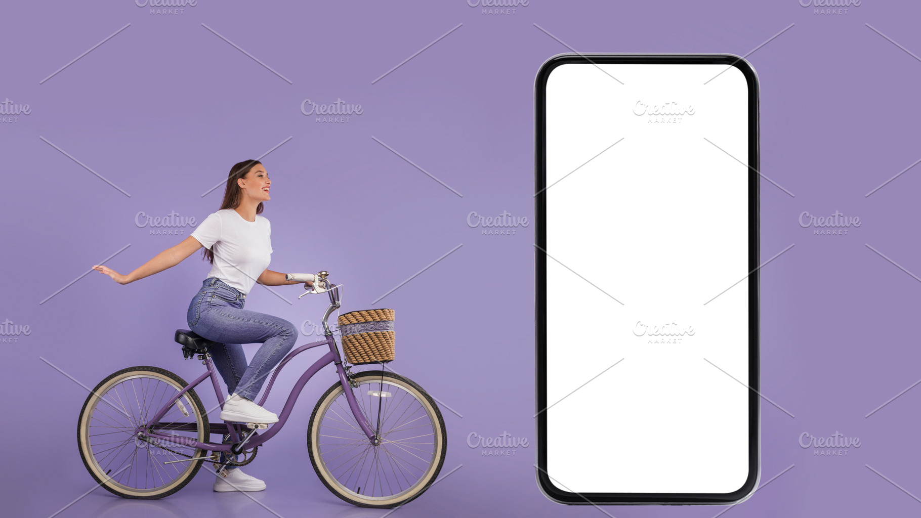 Woman Riding Her Bike Near Huge Smartphone Screen, Purple Background, a Photo by Prostock-Studio