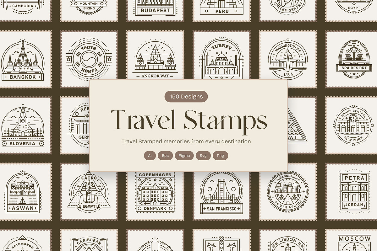 150 Travel Stamps, an Outline Icon by Prosymbols (Photo 1 of 9)