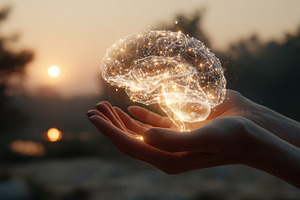 Glowing brain held in open hands sun, a Photo by Pixeness Studio