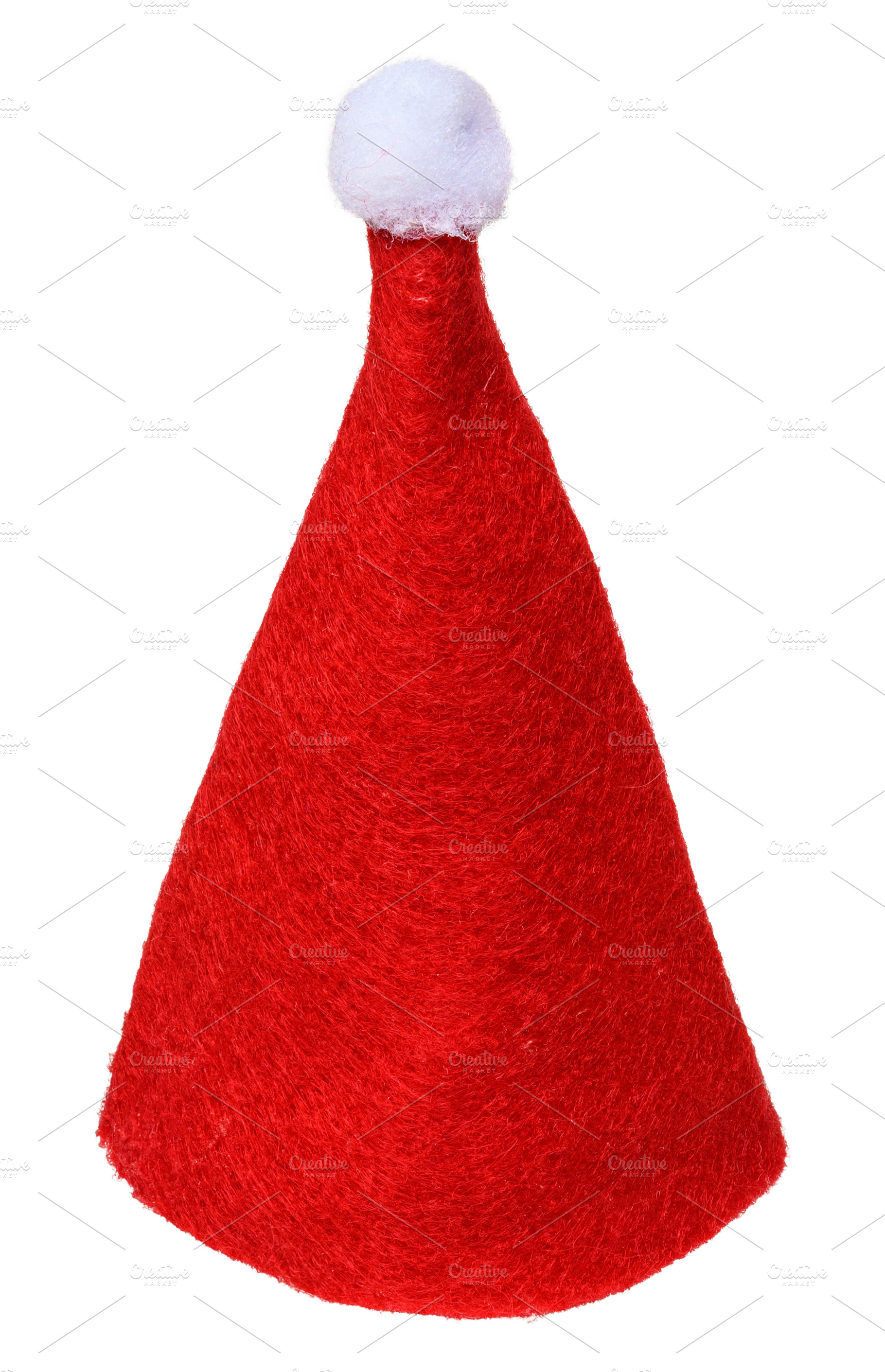 Red cone-shaped hat made of thick fleecy material with a white f, a Holiday Photo by ndanko