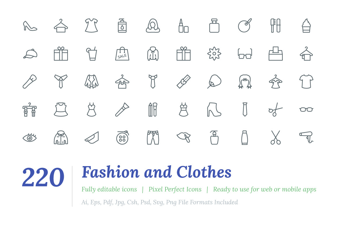 220 Fashion and Clothes Line Icons, an Outline Icon by Vectors Market
