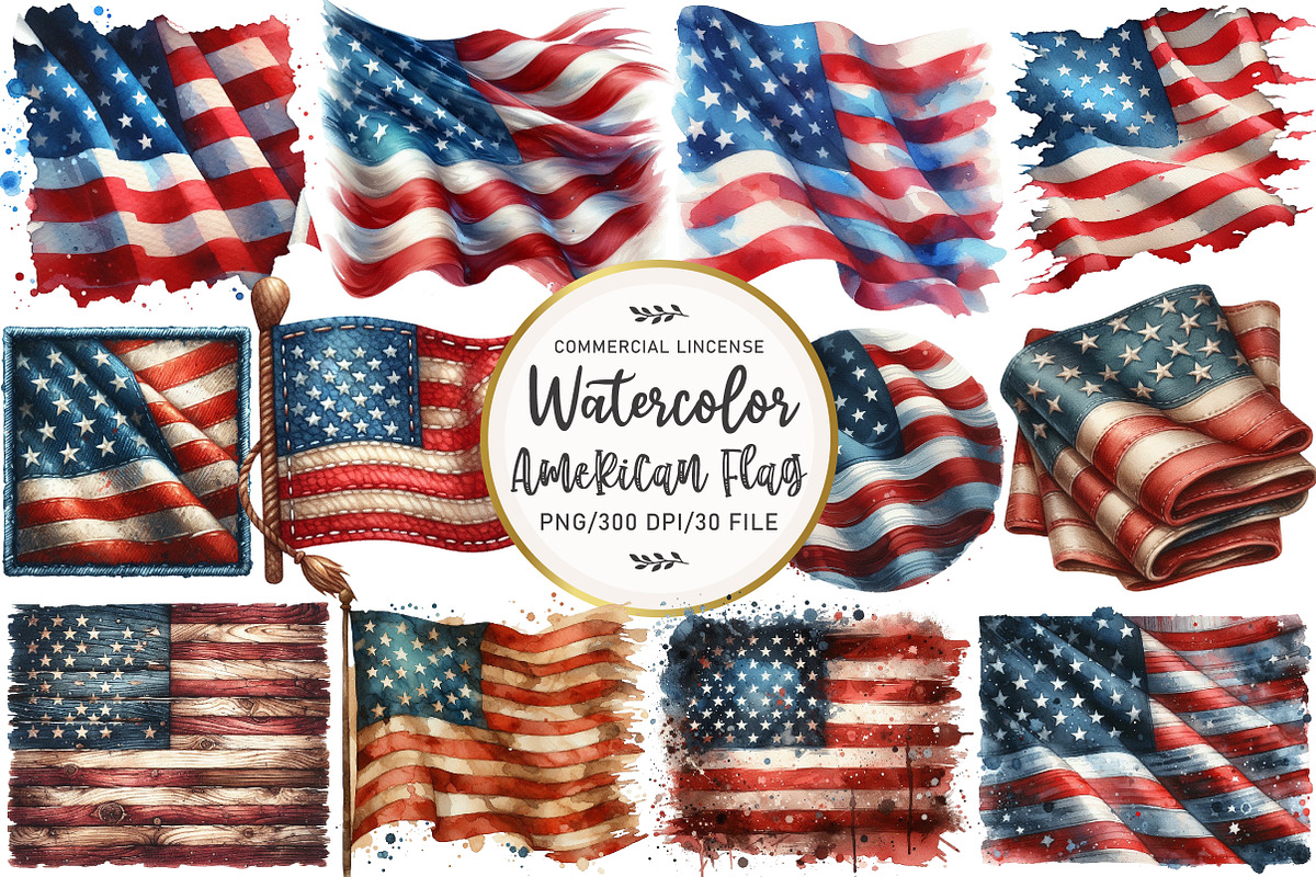Watercolor American Flag Clipart, an Illustration by OK Design (Photo 1 of 5)
