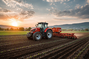 Red tractor planting seeds at sunset, a Photo by Pixeness Studio