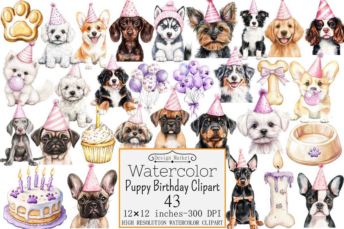Watercolor Puppy Birthday Clipart, a Seasonal Illustration by Design Market (Photo 1 of 5)