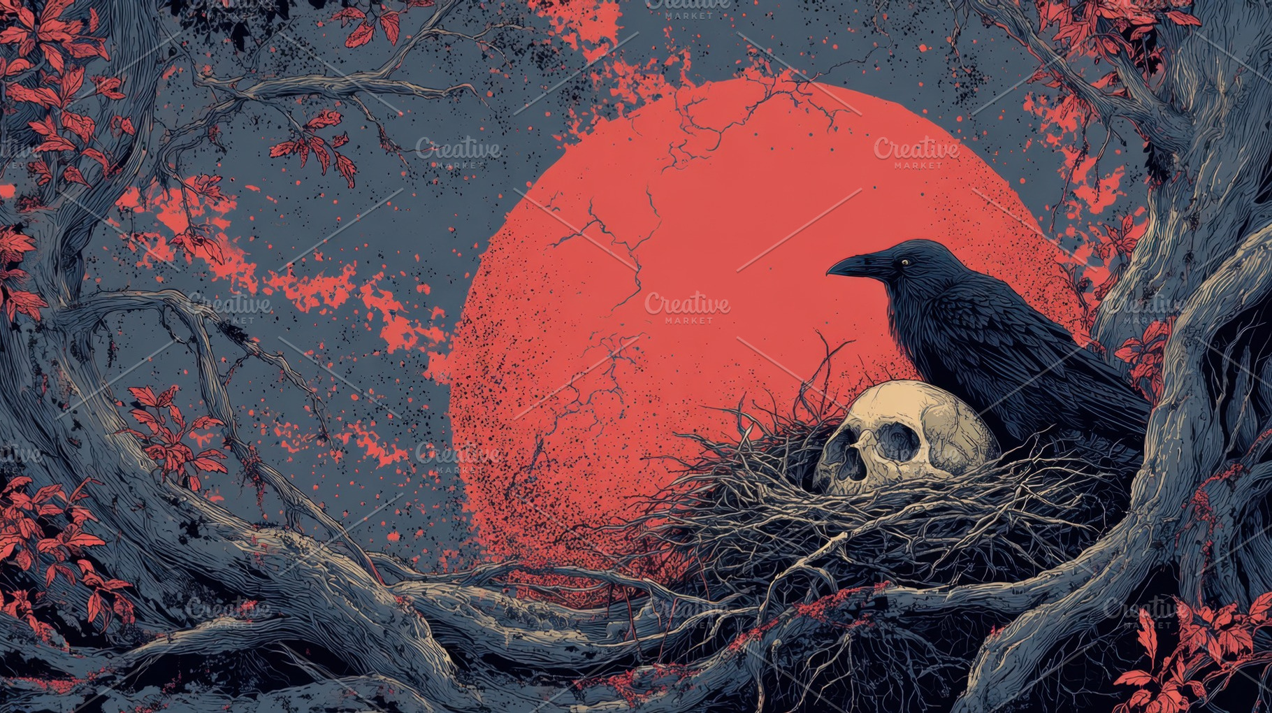 Raven on skull, red moon, a Photo by Beautiful things