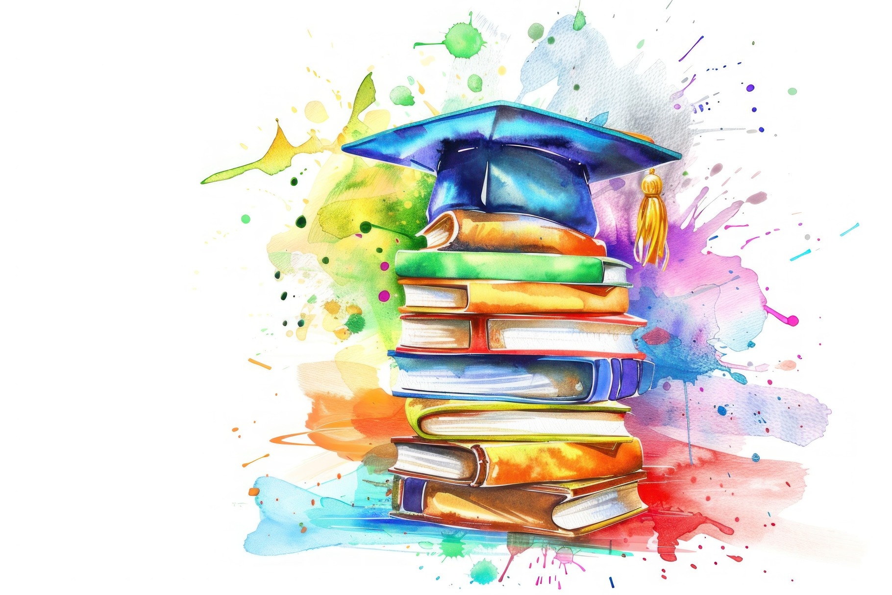 Artistic Watercolor of Graduation Cap and Books - A Symbol of Ac, a ...