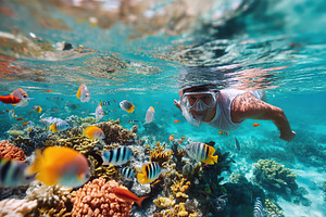 Snorkeler exploring vibrant coral reef and colorful fish in clear tropical wate, a Photo by AlyaAnd