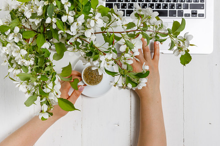 Workspace with girl's hand on laptop, a Background Photo by Andrey Stock Photos