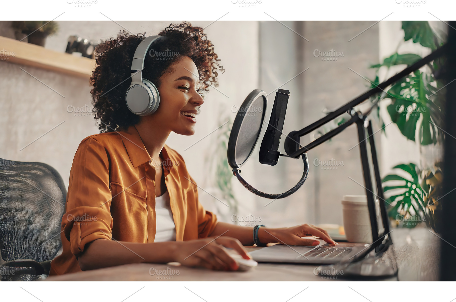 A cheerful woman in headphones, a Technology Photo by Igor Tichonow