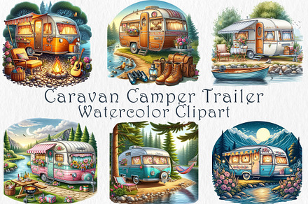 Watercolor Camper Trailer Clipart.