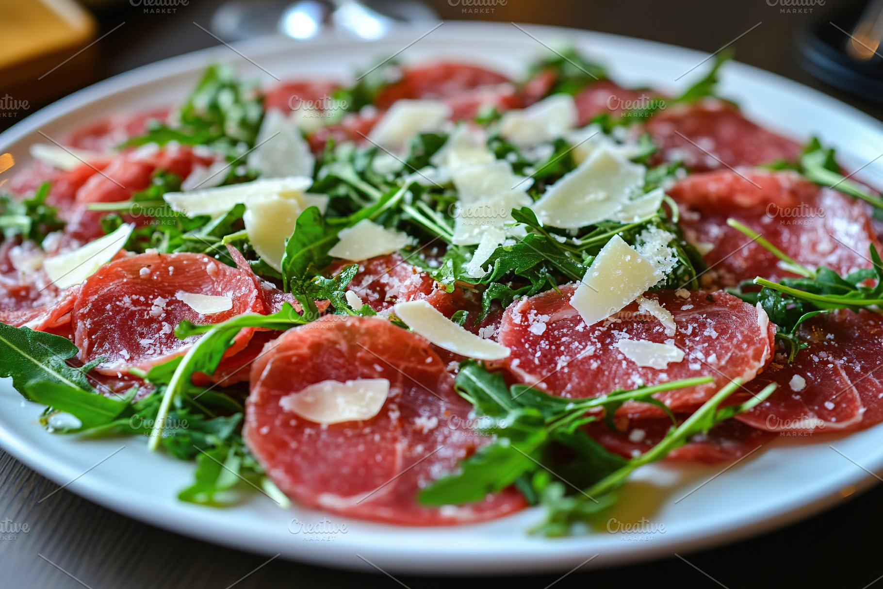 Beef carpaccio plated with fresh arugula and shaved cheese garnishes in a cozy, a Food & Drink Photo by AlyaAnd
