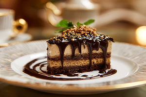 Layered chocolate cake with dripping sauce and nuts, serving des, a Photo by Studio ANNA
