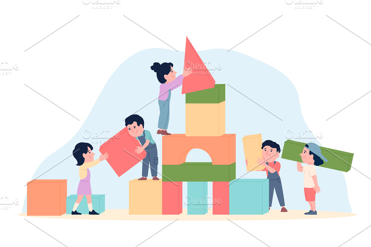 Kids building with blocks together, an Illustration by LadadikArt