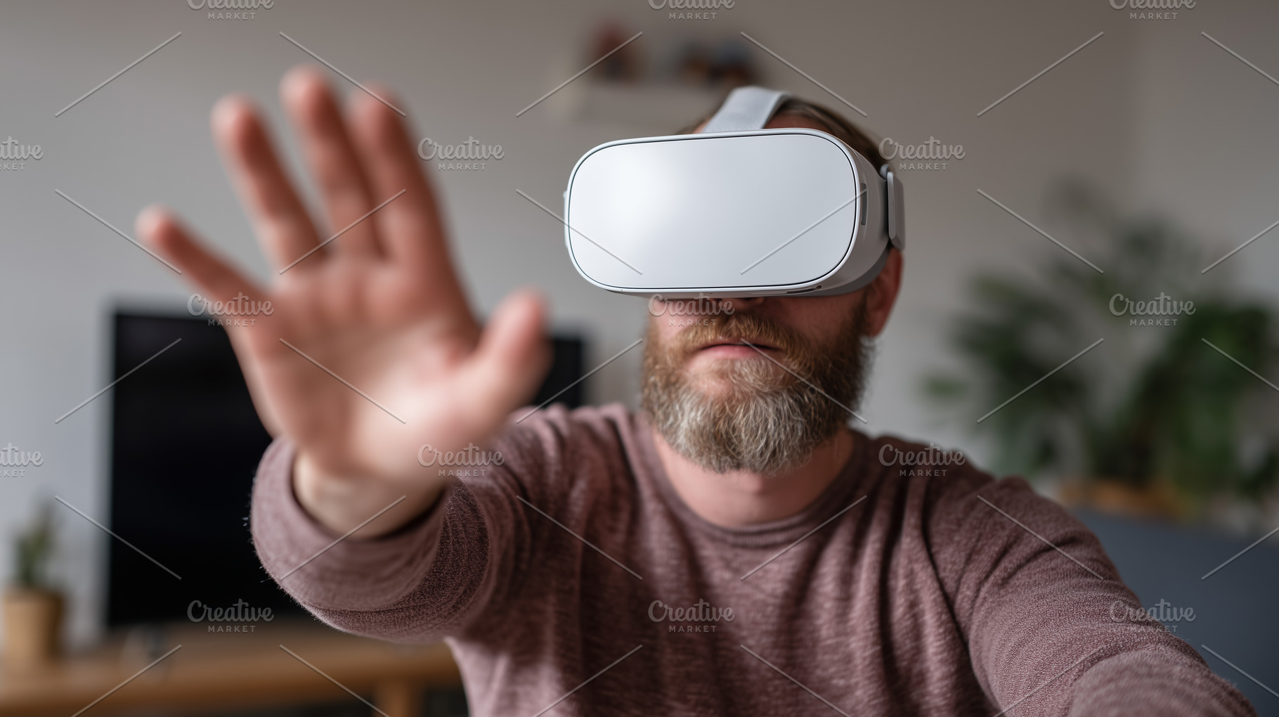 Man with vr glasses stretches hand, a Technology Photo by MistyDay
