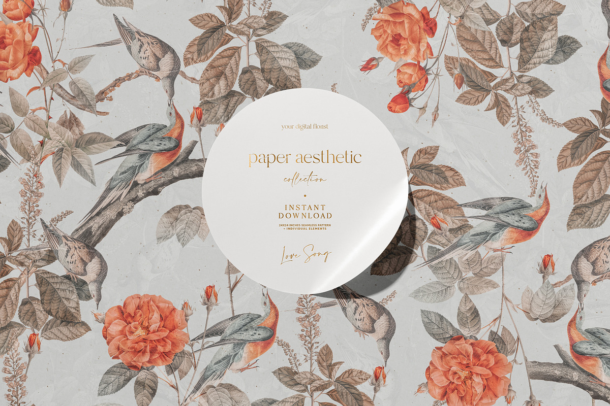 Orange Flowers and Birds Pattern, a Pattern Graphic by paper aesthetic (Photo 1 of 9)