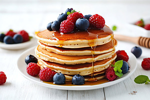 Fluffy pancakes stacked high with fresh berries and sweet syrup on a rustic tab, a Food & Drink Photo by AlyaAnd
