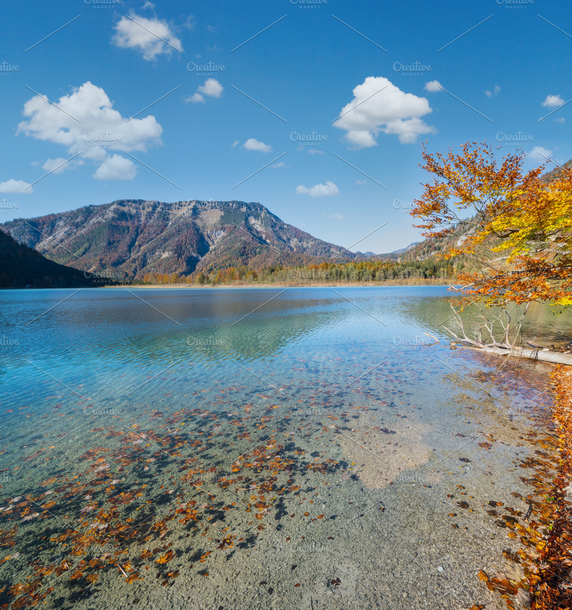 Peaceful Autumn Alps mountain lake Offensee lake, Salzkammergut,, a Nature Photo by YuriyB