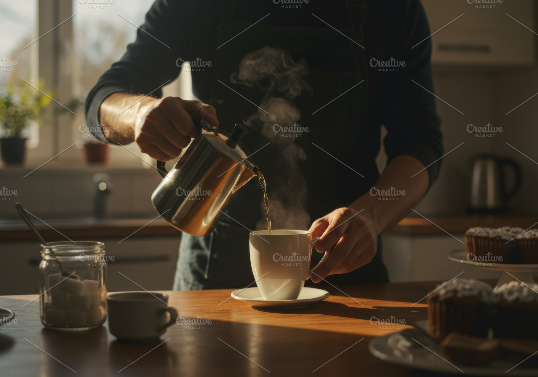 Man pouring hot coffee into a white, a Food & Drink Photo by professorinc