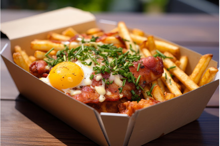 French fries topped with sunny side, a Food & Drink Photo by Ylivdesign