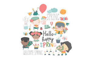 Set Of Cartoon Children And Spring