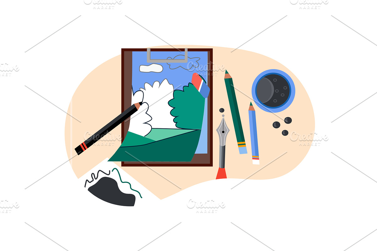Art hand sketch paint on table, an Illustration by vectorpointstudio