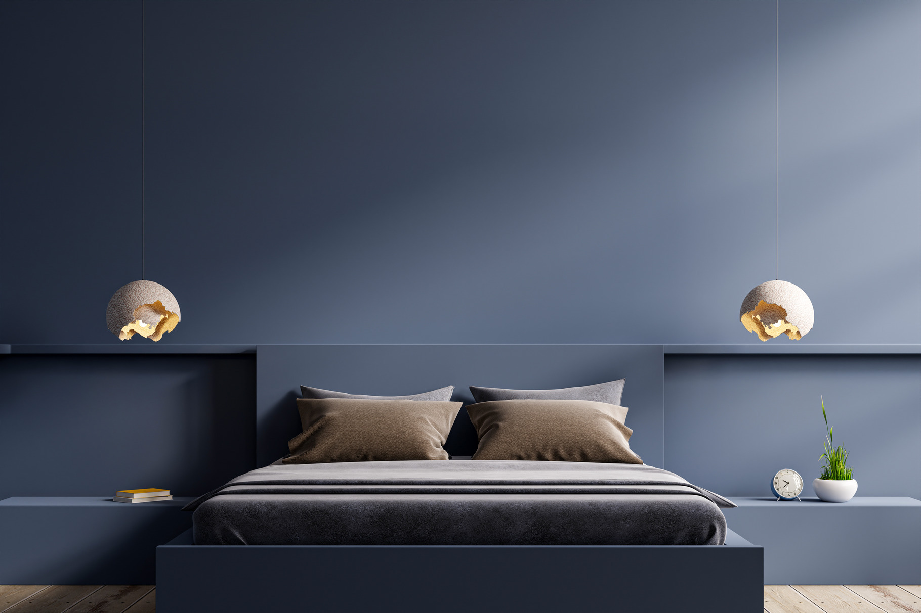 Dark Bed And Mockup Dark Blue Wall., An Architecture Photo By Vanitjan