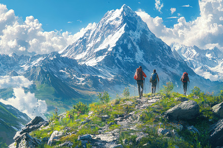 Hikers ascending a scenic mountain t, a Background Photo by Pixeness