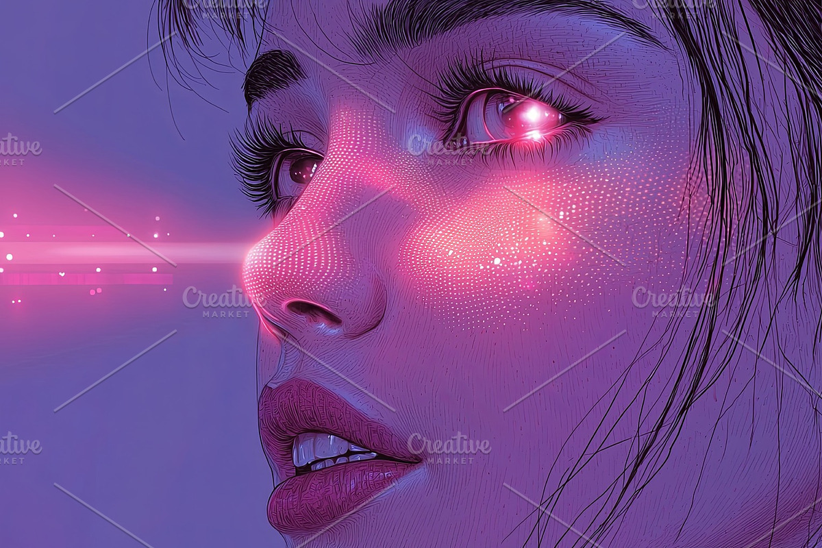 Close-up digital artwork of a female face with glowing neon elements, an Illustration by AS photostudio